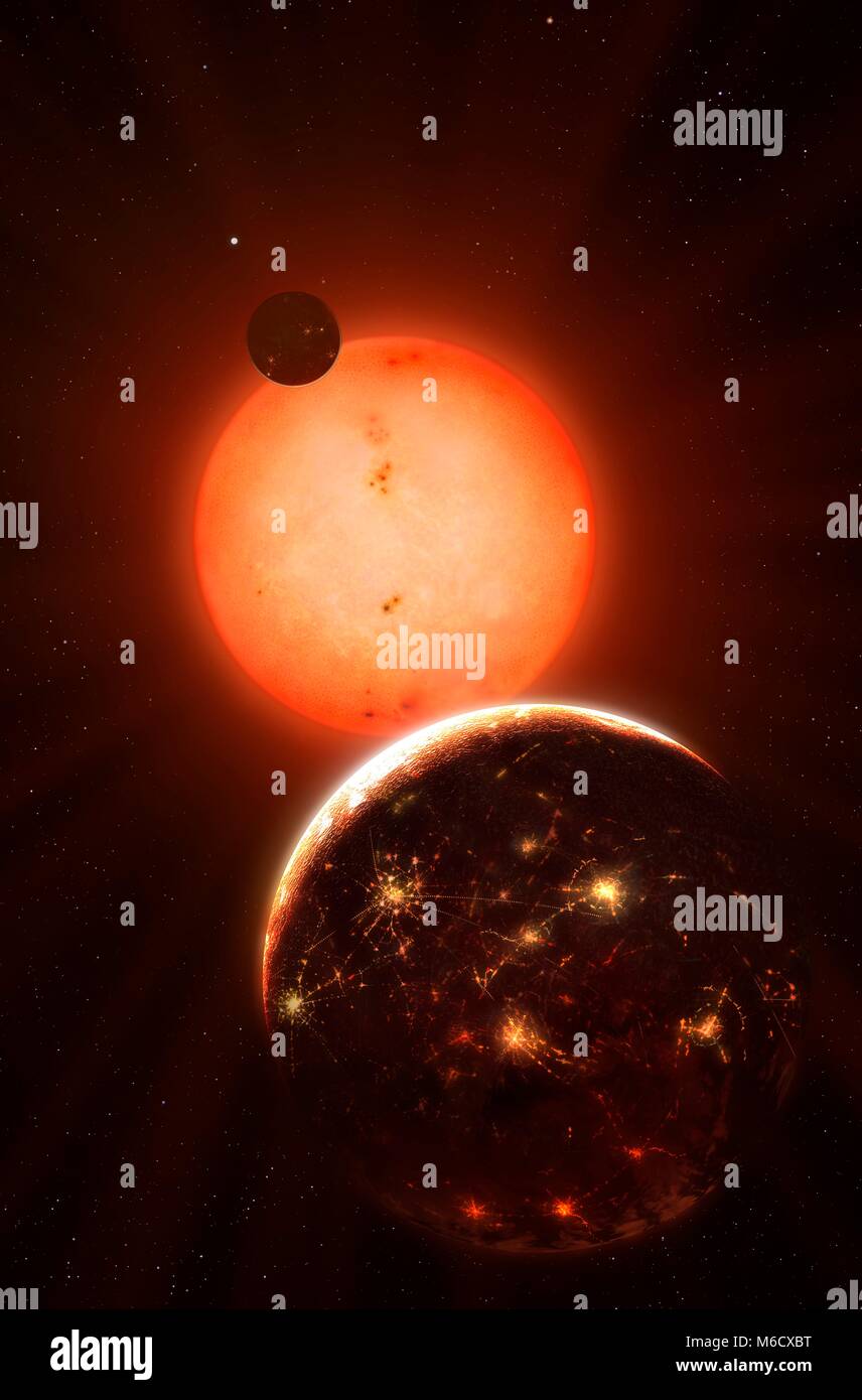 Artwork of alien technological planet. The planet is in orbit around a red dwarf star, the most common type. The red dwarf is relatively sedate, making the environment of its habitable zone conducive to life. The planet is shown with its night side brilliantly lit by major cites and technology. Stock Photo