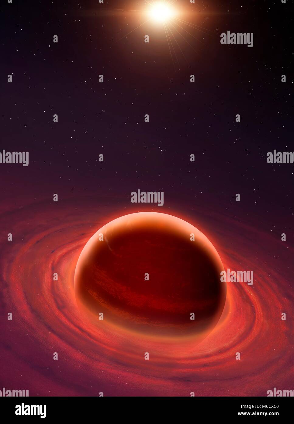Formation of a gas giant. The planet is in the centre, still growing. A concentric disc surrounds it, inside of which the natural satellites are forming via the process of accretion. The Sun is at the top, itself still contracting. Stock Photo