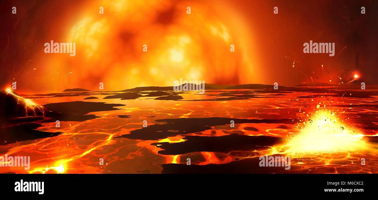 The Sun as a red giant. Earth begins to melt as the red-giant Sun swells and approaches our planet's orbit. Eventually the melting may penetrate throughout Earth's crust, leaving the planet molten from surface to core. The fate of the Earth is unclear. It may become engulfed by the Sun, or it may move to a safe orbit as the Sun sheds mass at the end of its life. Stock Photo