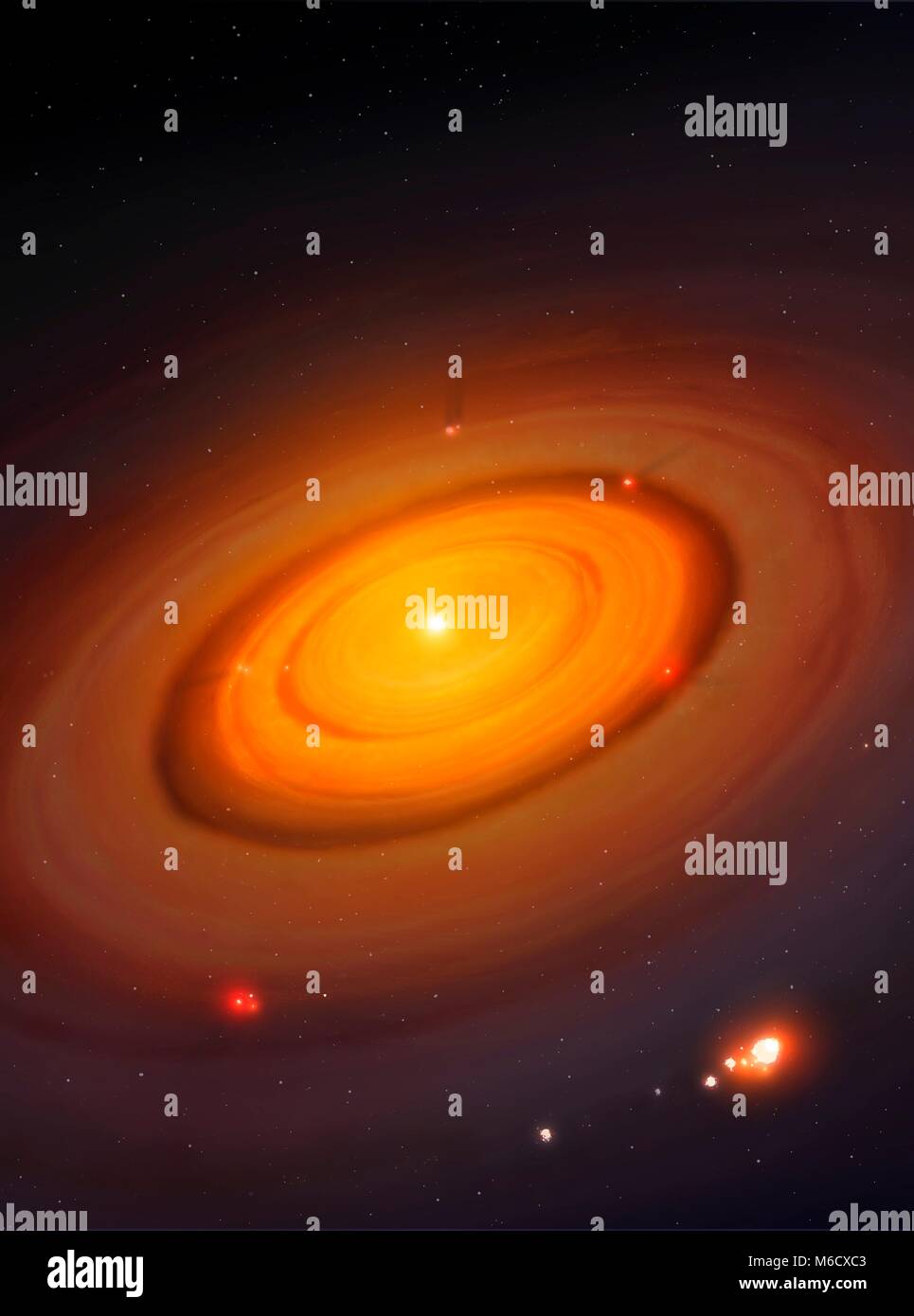 Formation of moons around a gas giant. This is how the moons of Jupiter and Saturn, and possibly Uranus, are thought to have formed. The planet is in the centre, still growing. A concentric disc surrounds it, inside of which the natural satellites are forming via the process of accretion. The illustration could also show the formation of planets around a star, which was a similar process albeit on a far larger scale. Stock Photo
