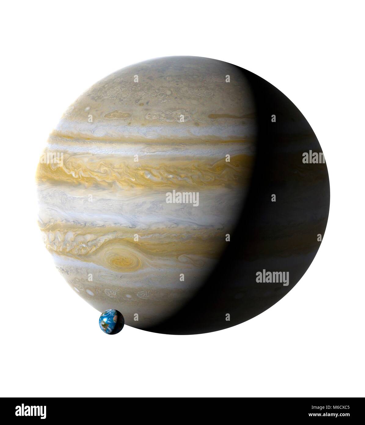 Image comparing the size of Earth (left) with the planet Jupiter. Jupiter is the fifth planet from the Sun, with an average distance from it of 5.2 times the Earth-Sun distance. Being a fluid world of mostly hydrogen and helium, astronomers label it (along with Saturn) a gas giant. With a diameter of 11.2 times that of the Earth, Jupiter is the Solar System's largest planet. Stock Photo