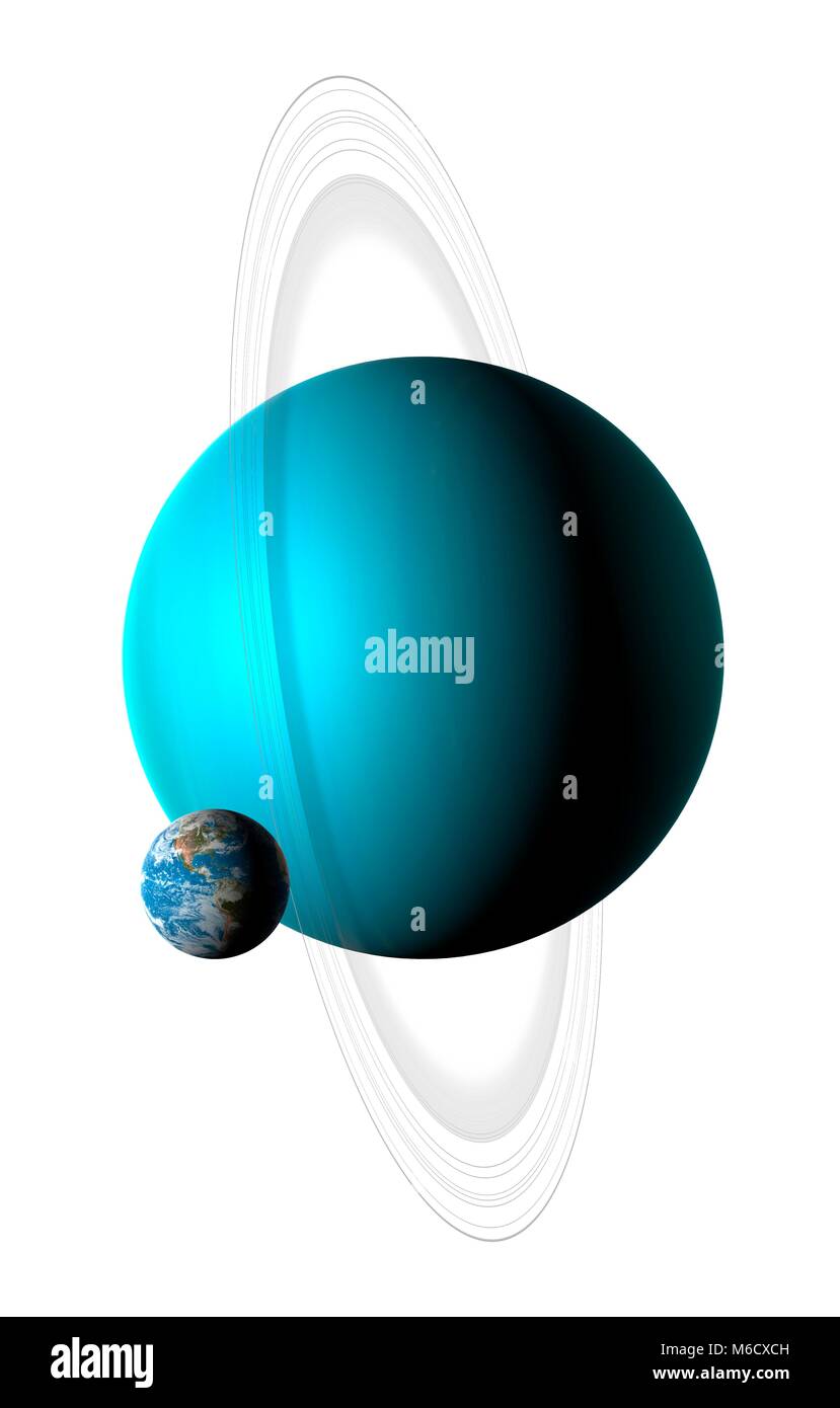 Image comparing the size of Earth (left) with the planet Uranus. Uranus is the seventh planet from the Sun, with an average distance from it of 19.2 times the Earth-Sun distance. A fluid world of mostly hydrogen and helium, it is rich in ices of methane, water and ammonia, causing some astronomers to label it (along with Neptune) an ice giant. With a diameter of four times that of the Earth, Uranus is the Solar System's third largest planet (after Jupiter and Saturn). Stock Photo