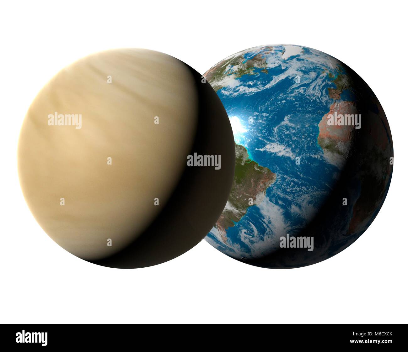 Image comparing the size of Earth (right) with the planet Venus. Venus is the second planet from the Sun, with an average distance from it of 0.72 times the Earth-Sun distance. It is also the hottest planet (despite being further from the Sun than Mercury) because its thick atmosphere of carbon dioxide has created a runaway greenhouse effect. Lead, tin and zinc would all melt on Venus. With a diameter of 95% that of the Earth, Venus is the Solar System's sixth largest planet. Stock Photo