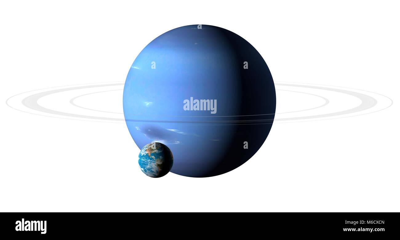 Image comparing the size of Earth (left) with the planet Neptune. Neptune is the farthest planet from the Sun, with an average distance from it of 29.8 times the Earth-Sun distance. Being a fluid world of mostly hydrogen and helium, rich in ices of methane, water and ammonia, astronomers label it (along with Uranus) an ice giant. With a diameter of 3.9 times that of the Earth, Neptune is the Solar System's fourth largest planet. Stock Photo