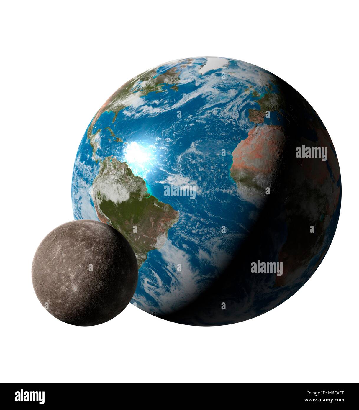 Image comparing the size of Earth (right) with the planet Mercury. It is the closest planet to the Sun, with an average distance from it of 0.39 times the Earth-Sun distance. With a diameter of 38% that of the Earth, Mercury is the Solar System's smallest planet. Stock Photo
