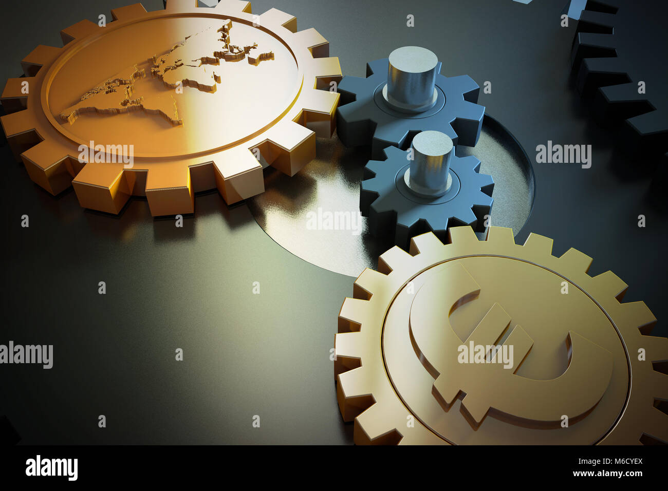 Currency and gear, meaning economic impact, teamwork, economic stimulus, success Stock Photo Alamy