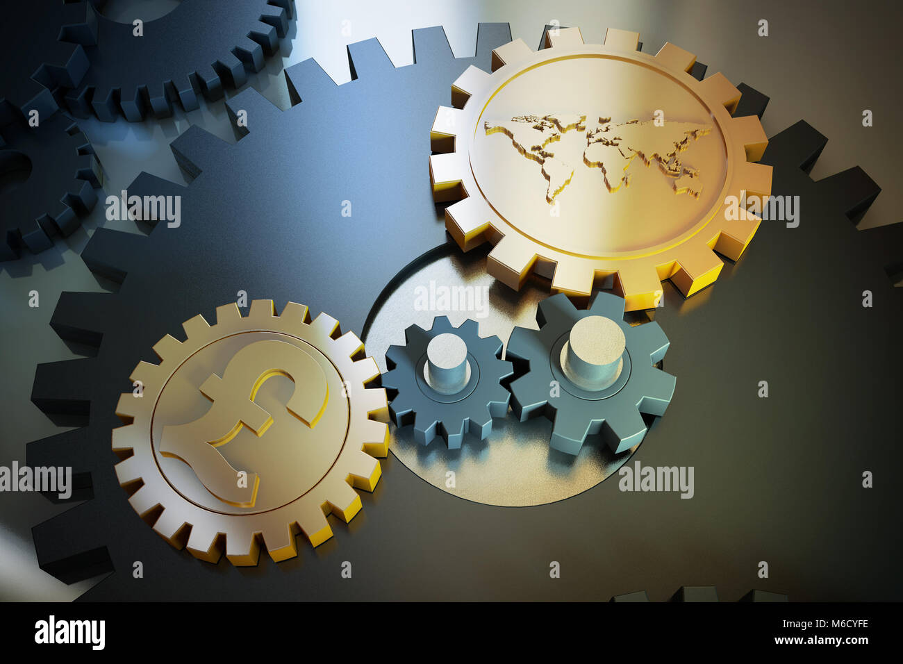 Currency and gear, meaning economic impact, teamwork, economic stimulus