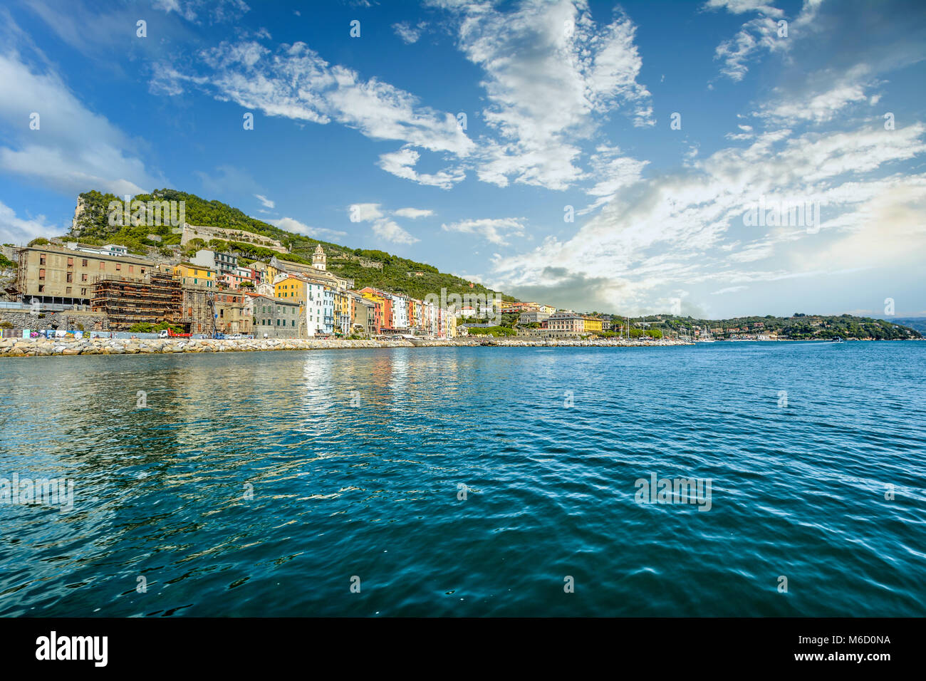 The colorful village of Portovenere Italy with it's harbour on the Ligurian Coast at the Gulf of Poets on the Italian Riviera Stock Photo
