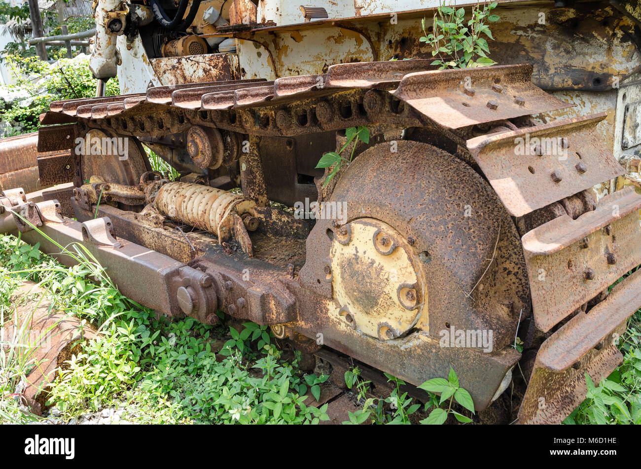 vintage old caterpillar track of a tractor - Old, rusty, and weathered bulldozer track Stock Photo