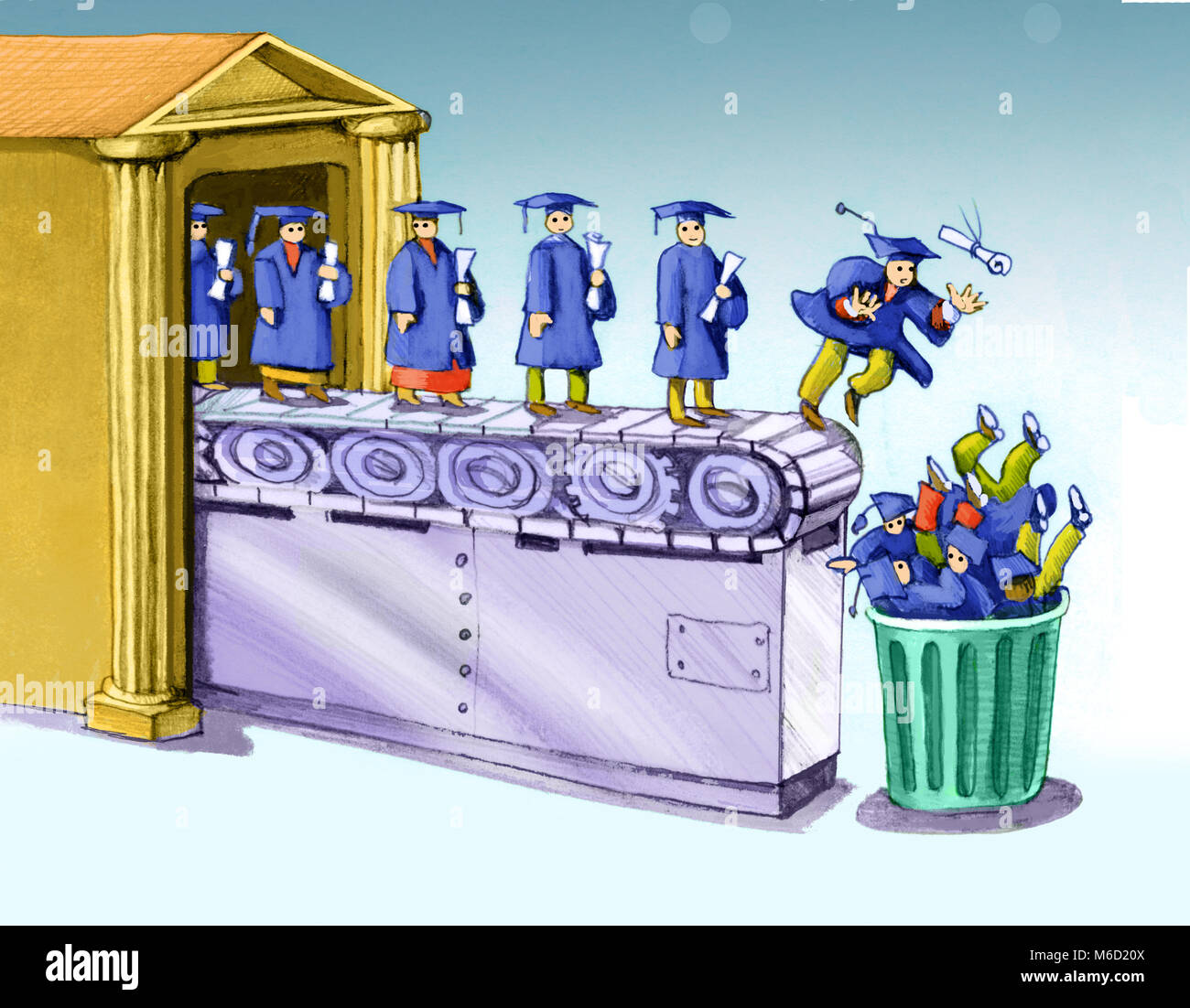 from a university a conveyor belt leads graduates directly into the garbage can Stock Photo