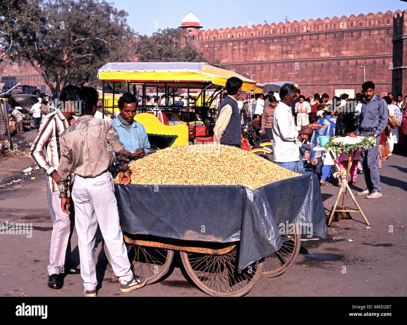 Roadside vegetable and snack stalls and seller outside the Red Fort, Delhi, Delhi Union Territory, India. Stock Photo