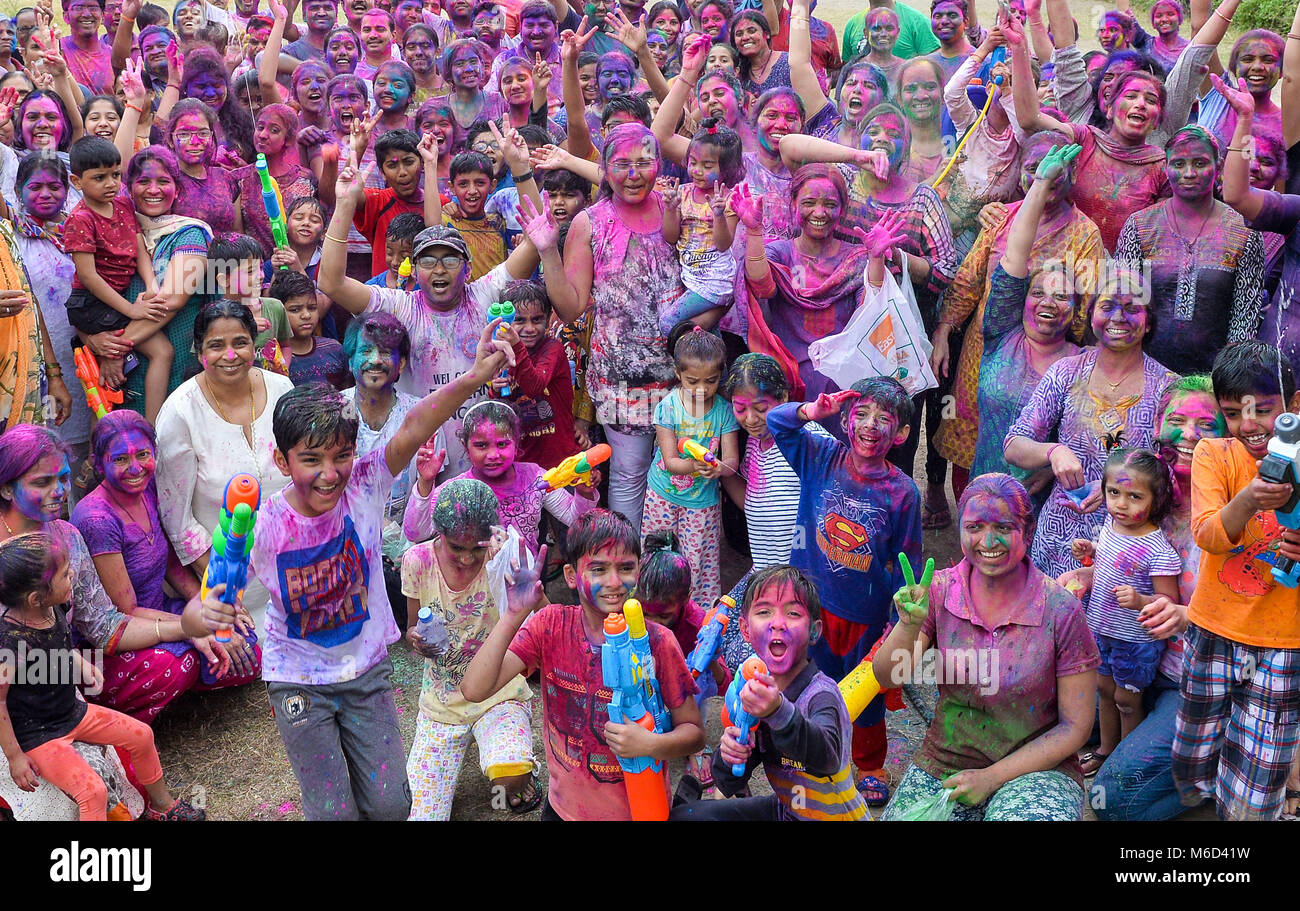 Doha, Indian Festival of Colours. 2nd Mar, 2018. Residents of Indian community in Qatar celebrate Holi Festival, the Indian Festival of Colours, in Qatar's capital Doha on March 2, 2018. The Hindu festival of Holi, or the 'Festival of Colours' heralds the arrival of spring and the end of winter. Credit: Nikku/Xinhua/Alamy Live News Stock Photo