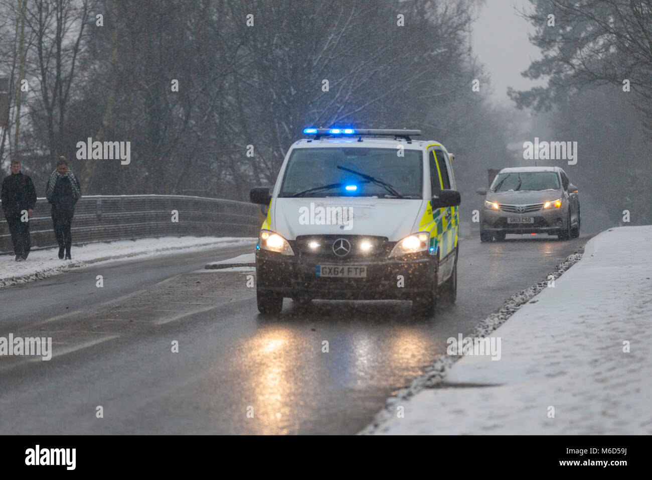 Ashford, Kent, UK. 2nd Mar, 2018. UK Weather: Beast from the East. Driving in snow the ambulance health service on there way to another emergency in winter. Stock Photo