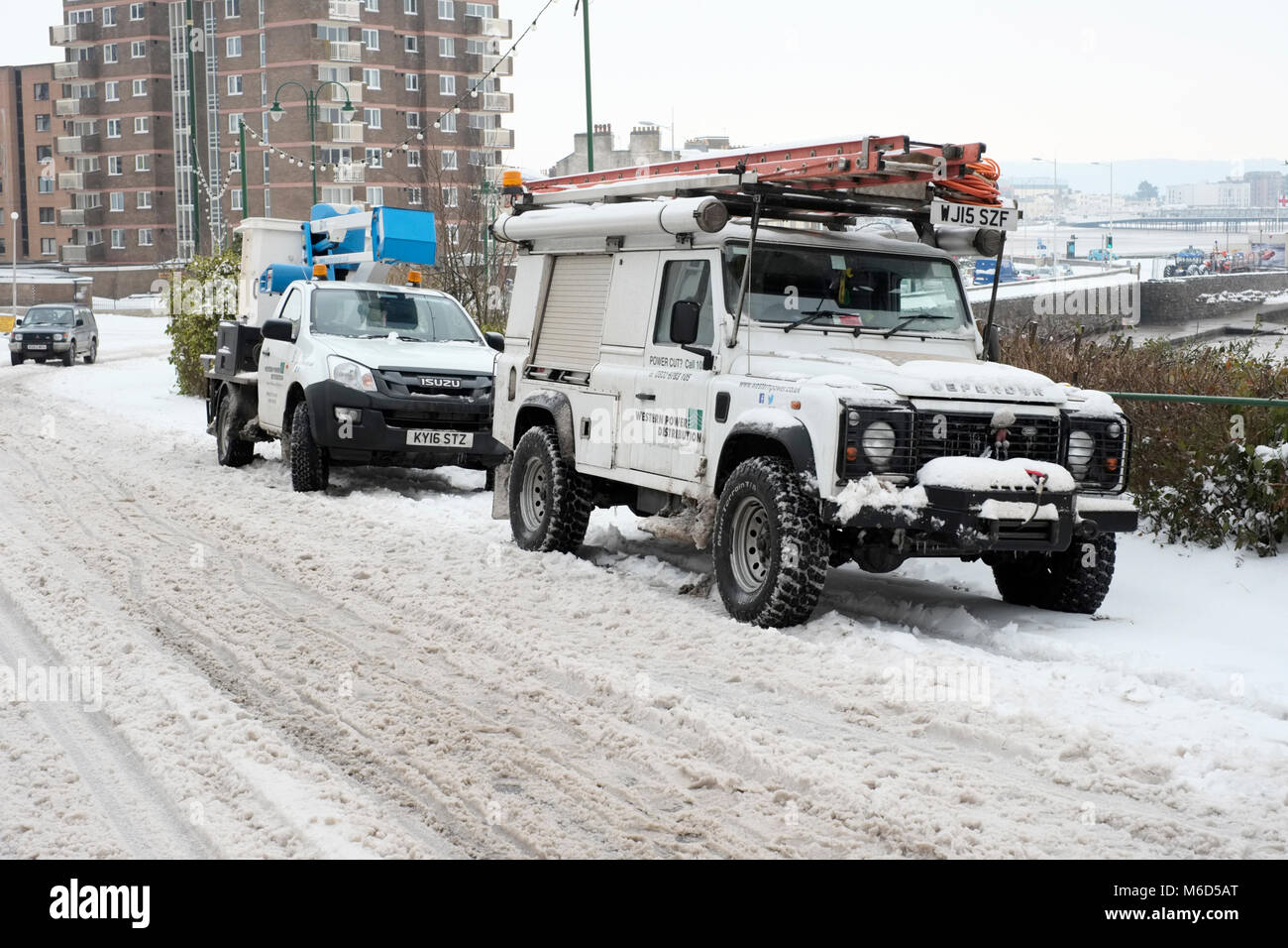 Weston super mare. UK. 2nd March, 2018.A  four wheel drive vehicle belonging to Western power disribution, parked ready to deal with power supply issues caused by heavey snow the night before. Credit: Alamy Live News Stock Photo