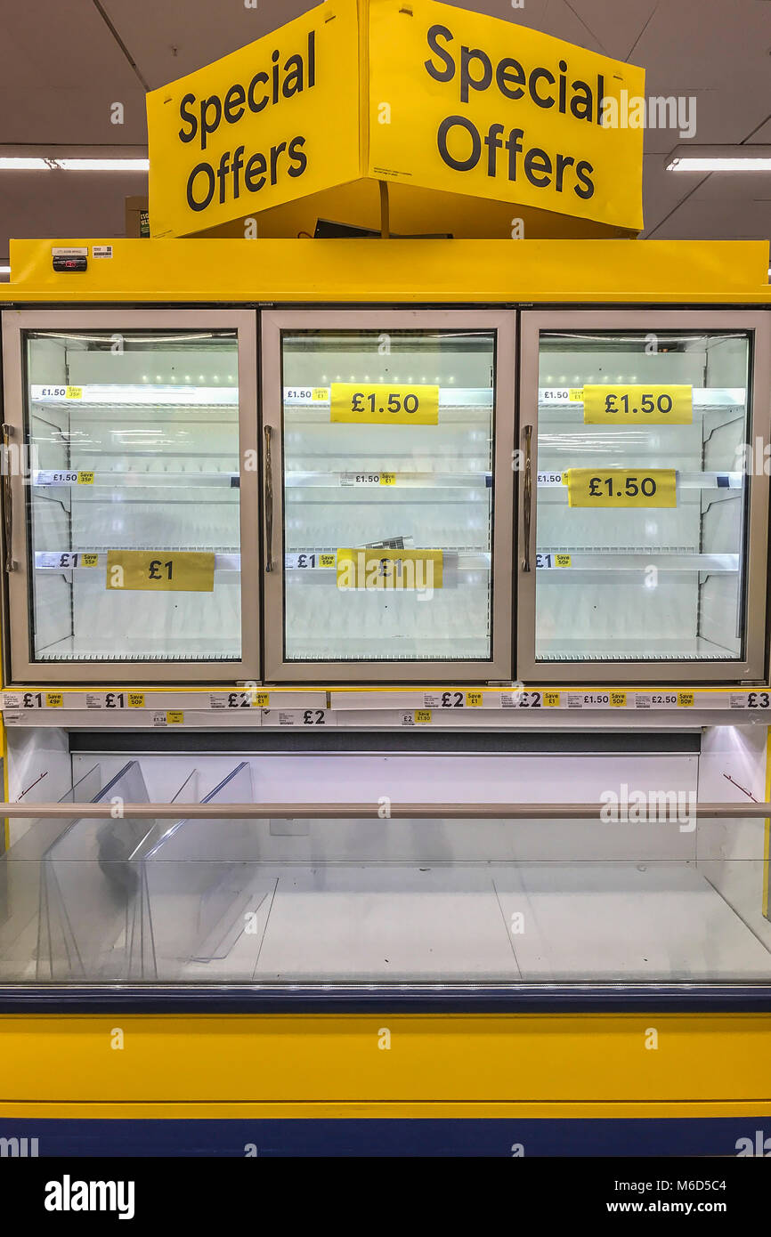 Inverness, Scotland, UK 2nd March 2018 UK Weather: Many of the shelves were bare at the main Tesco Extra store in Inverness. Whilst the city has remained laregely uneffected by 'The Beast From The East' transport links to and from the HIghland Capital have been. Credit Reuben Tabner/Alamy Live News Stock Photo