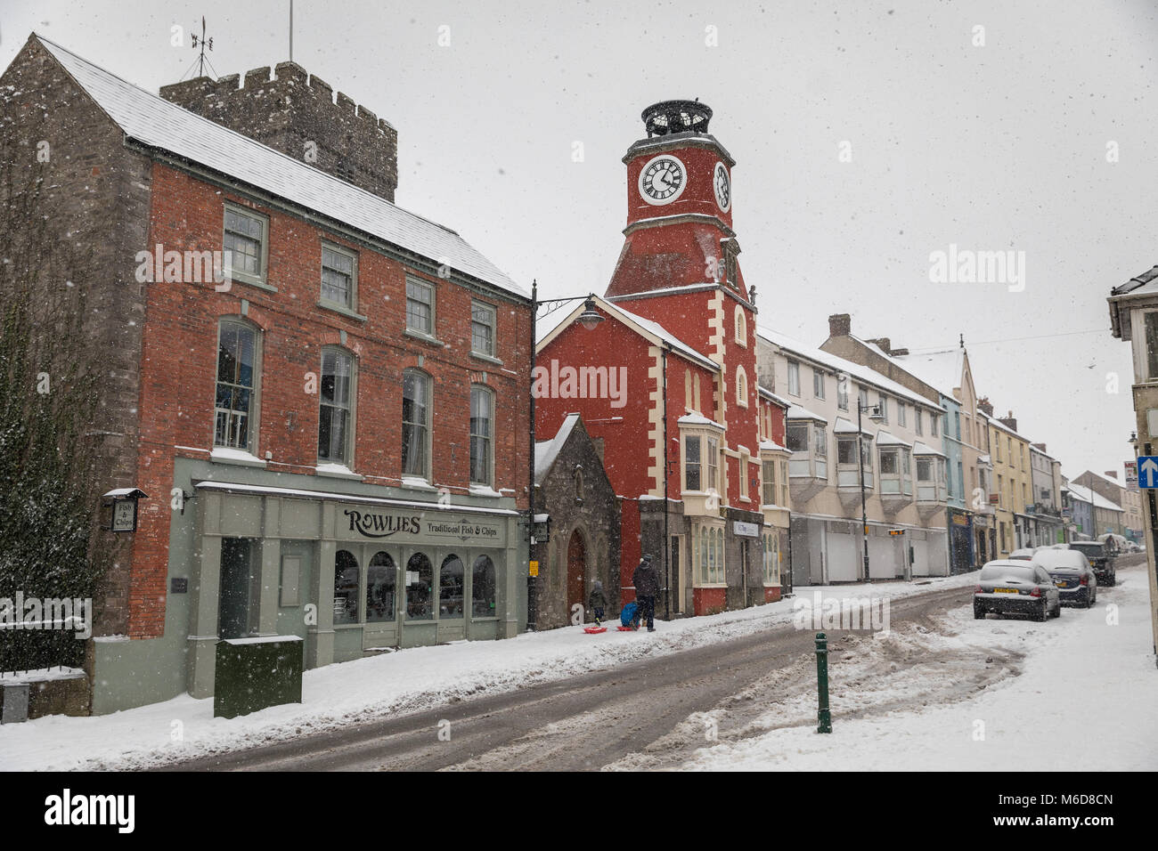 Pembrokeshire, Wales, 2nd March 2018. A rare snow filled main street in