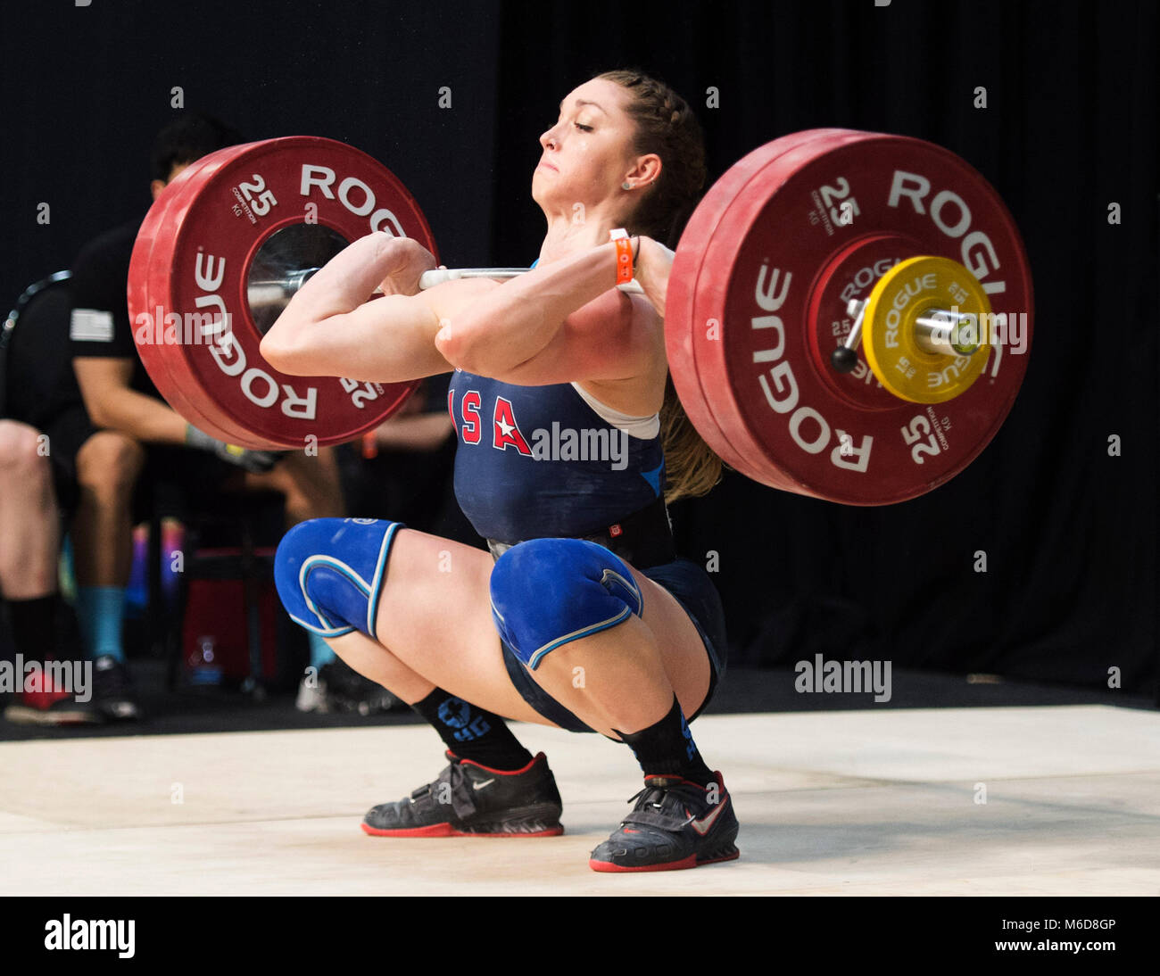 Columbus, Ohio, USA. 2 March, 2018. Mattie Rogers competes in the clean and jerk at the Arnold Sports Festival in Columbus, Ohio, USA. Brent Clark/Alamy Live  News Stock Photo