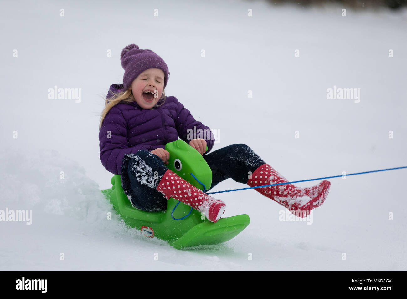 Pembrokeshire, Wales, 2nd March 2018. Children having fun sledding in the snow in Pembroke, Pembrokeshire, Wales, UK Credit: Drew Buckley/Alamy Live News Stock Photo