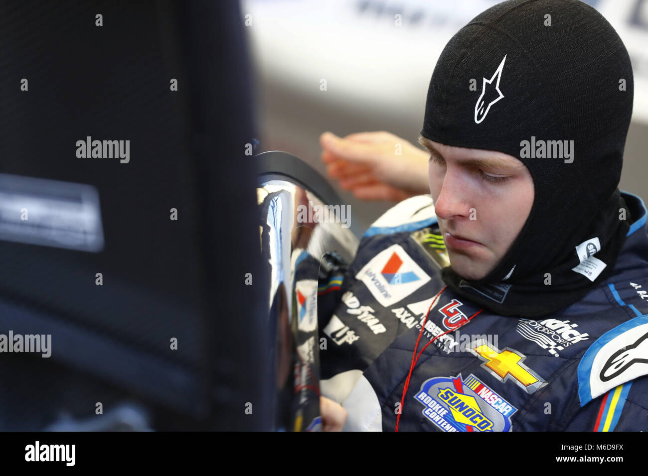 Las Vegas, Nevada, USA. 2nd Mar, 2018. March 02, 2018 - Las Vegas, Nevada, USA: William Byron (24) straps into his car to practice for the Pennzoil 400 at Las Vegas Motor Speedway in Las Vegas, Nevada. Credit: Chris Owens Asp Inc/ASP/ZUMA Wire/Alamy Live News Stock Photo