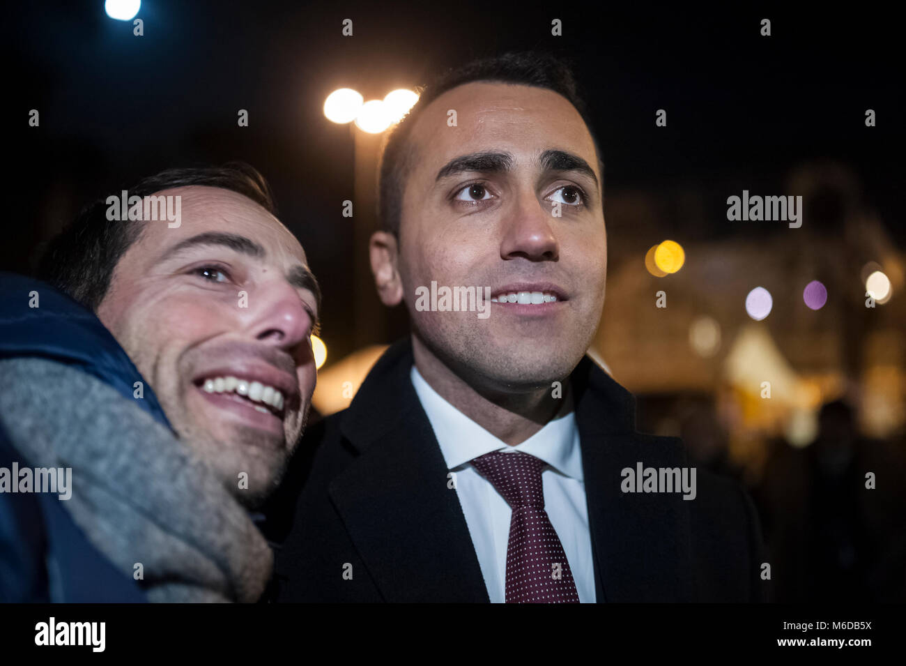 Rome, Italy. 02 Mar 2018. Populist party 5-Star Movement hold its final electoral rally in Piazza del Popolo. On the stage, there was a long speech by Luigi di Maio, the 31 year old candidate Premier and the would-be cabinet team. To support their candidature also there were the parliamentarian Paola Taverna, the deputy Roberto Fico and Roberta Lombardi, candidate for the Presidency of Lazio Region. Also among the guest on the stage figured Beppe Grillo, the Italian comedian who is the founder of the movement, and Alessandro Di Battista, called “the warrior” by 5-Star Movements’ supporters. Cr Stock Photo