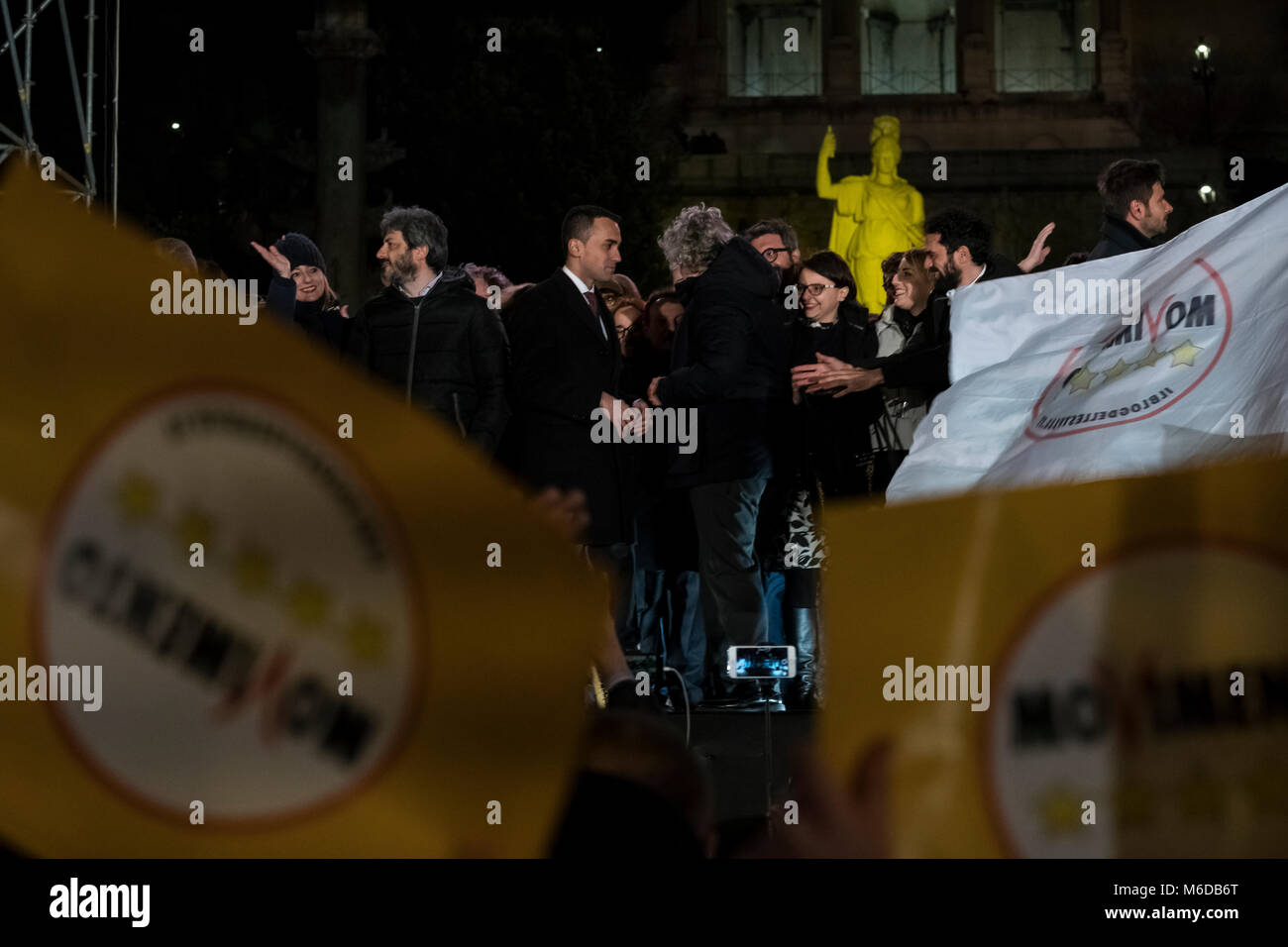 Rome, Italy. 02 Mar 2018. Populist party 5-Star Movement hold its final electoral rally in Piazza del Popolo. On the stage, there was a long speech by Luigi di Maio, the 31 year old candidate Premier and the would-be cabinet team. To support their candidature also there were the parliamentarian Paola Taverna, the deputy Roberto Fico and Roberta Lombardi, candidate for the Presidency of Lazio Region. Also among the guest on the stage figured Beppe Grillo, the Italian comedian who is the founder of the movement, and Alessandro Di Battista, called “the warrior” by 5-Star Movements’ supporters. Cr Stock Photo