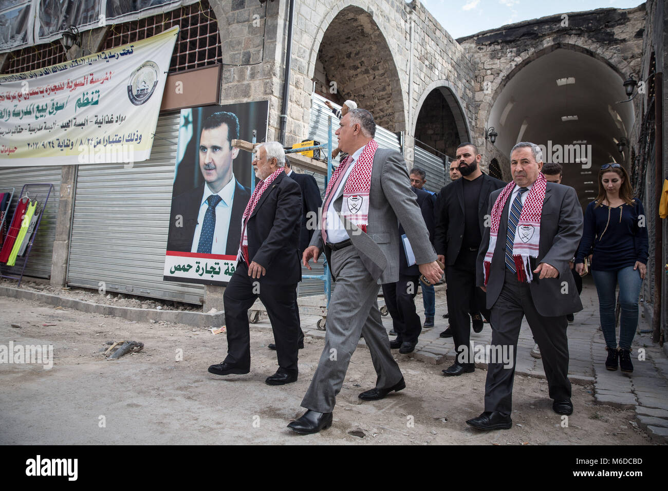 Homs, Syria. 29th Oct, 2017. Local officials tour the Homs souk, which is being rebuilt by UNDP.The city of Homs which is located in the center of Syria was once a anti Assad government real forces' strong hold, It was under the rebel's hand from 2011 until 2014. Credit: S Hayden 010318 6.jpg/SOPA Images/ZUMA Wire/Alamy Live News Stock Photo