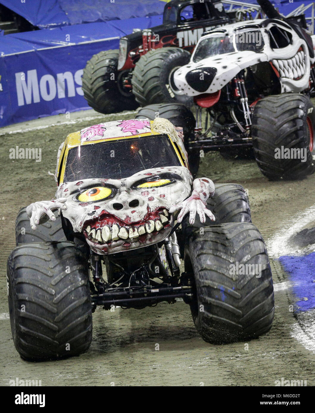 Vancouver, Canada. 2nd Mar, 2018. Monster trucks compete on race track