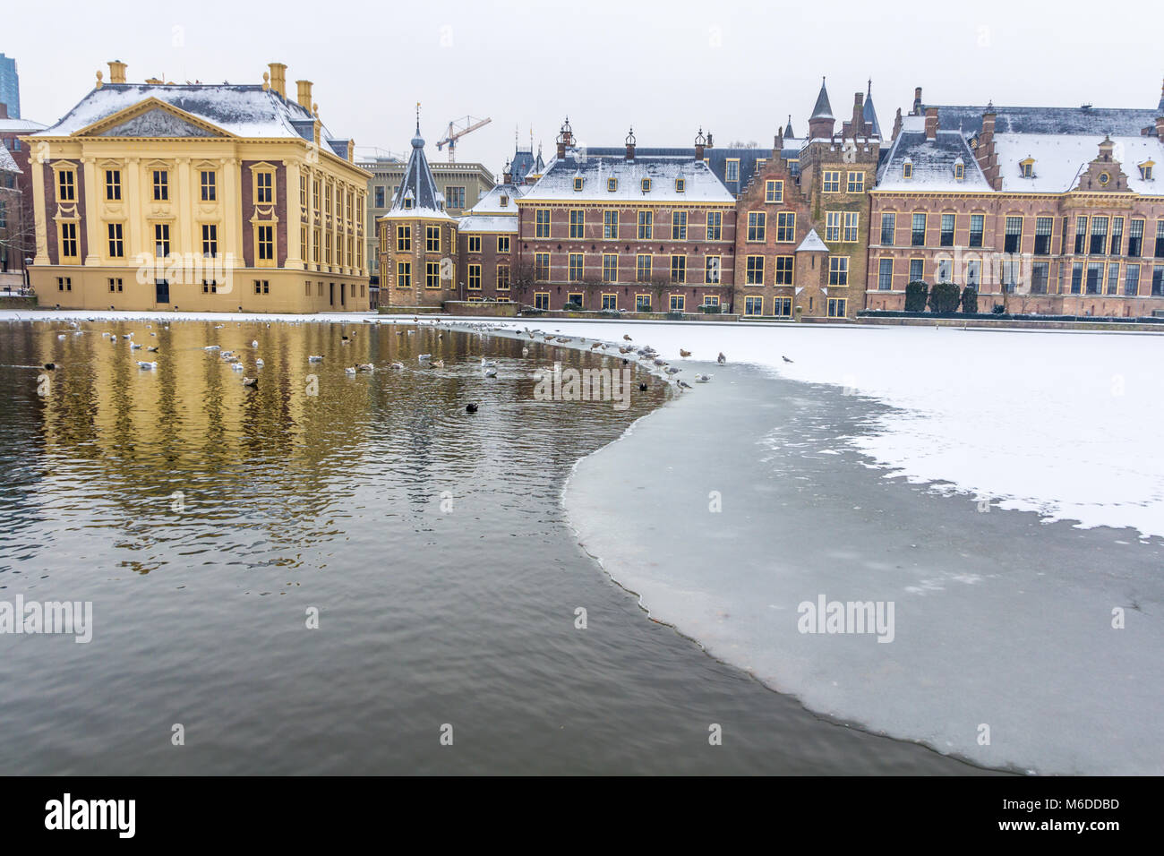 The Hague, the Netherlands - March 3 2018: Binnenhof and mauritshuis during the cold snow and ice conditions Stock Photo