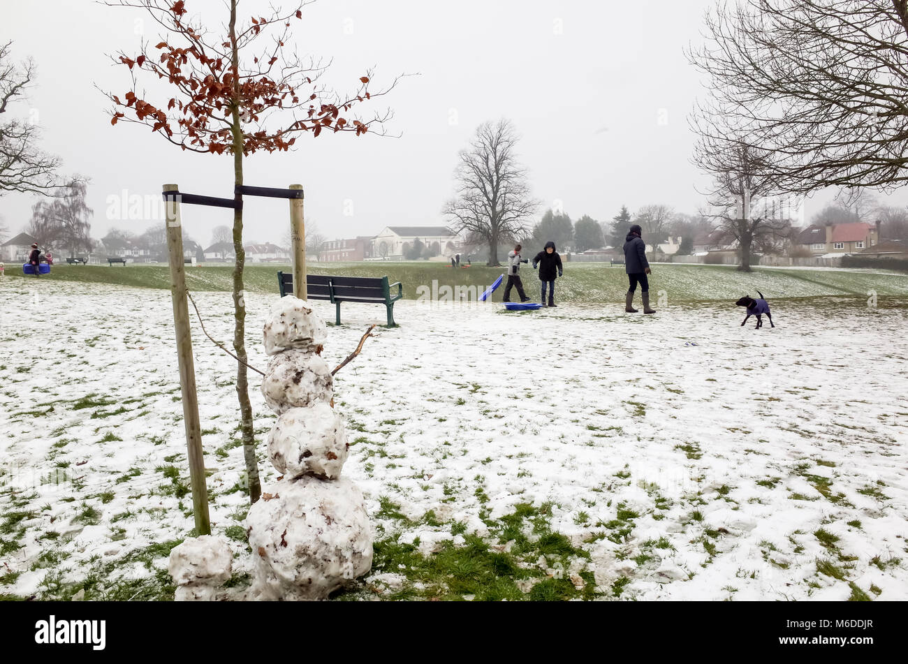 Carshalton Park, London. 3rd March 2018.  Even the snowman looks sad and pitiful as the snow begins to melt, after the big freeze, on Saturday 3 March in Carshalton Park, London. Credit: Darren Lehane/Alamy Live News Stock Photo