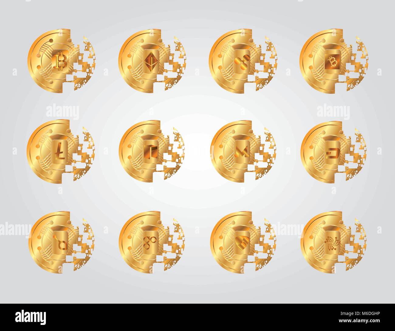 icon set of disintegrated coins of different types of cryptocurrency over  gray background, colorful design vector illustration Stock Vector Image &  Art - Alamy
