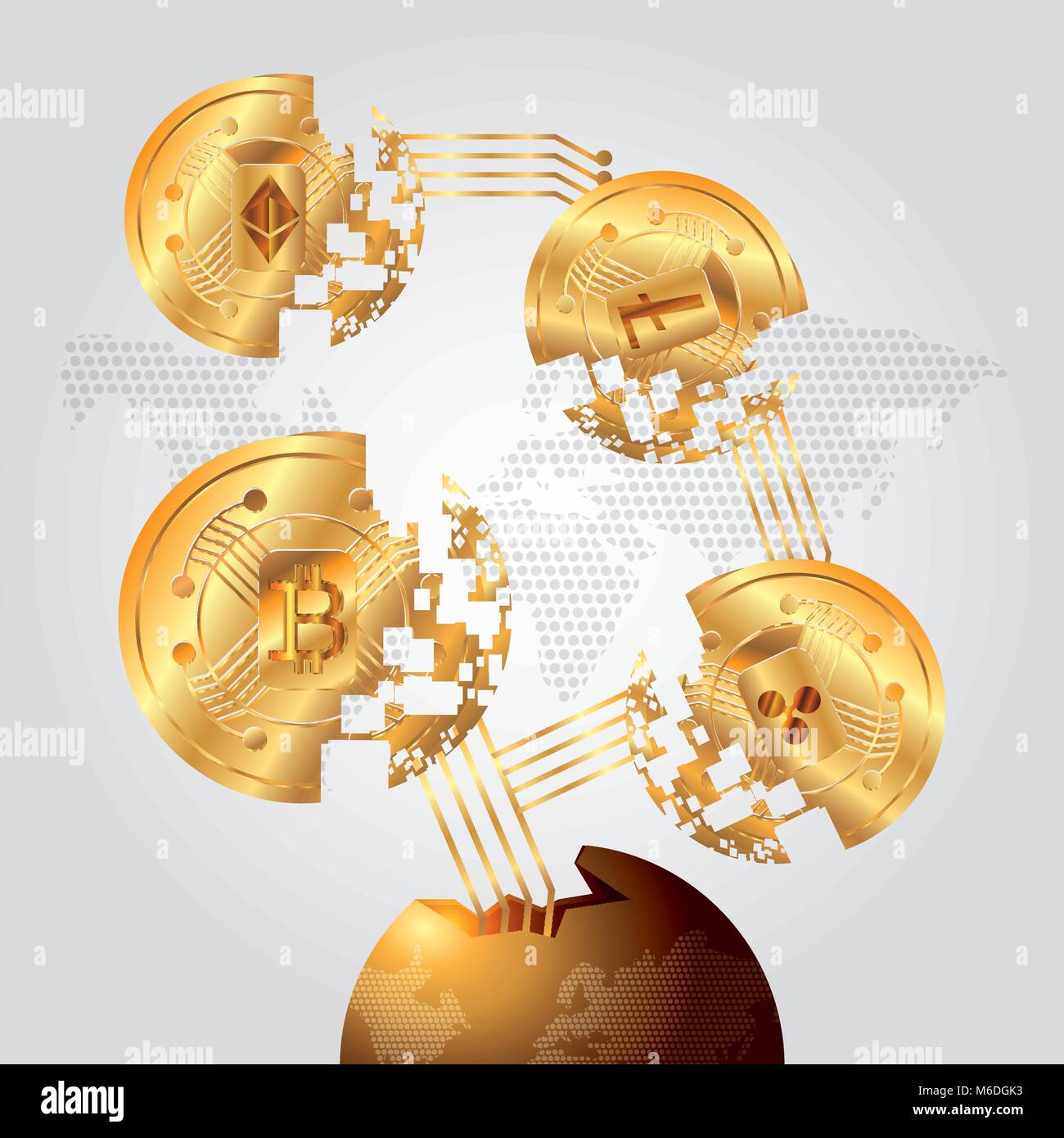 disintegrated icons of cryptocurrency and earth planet over gray ...