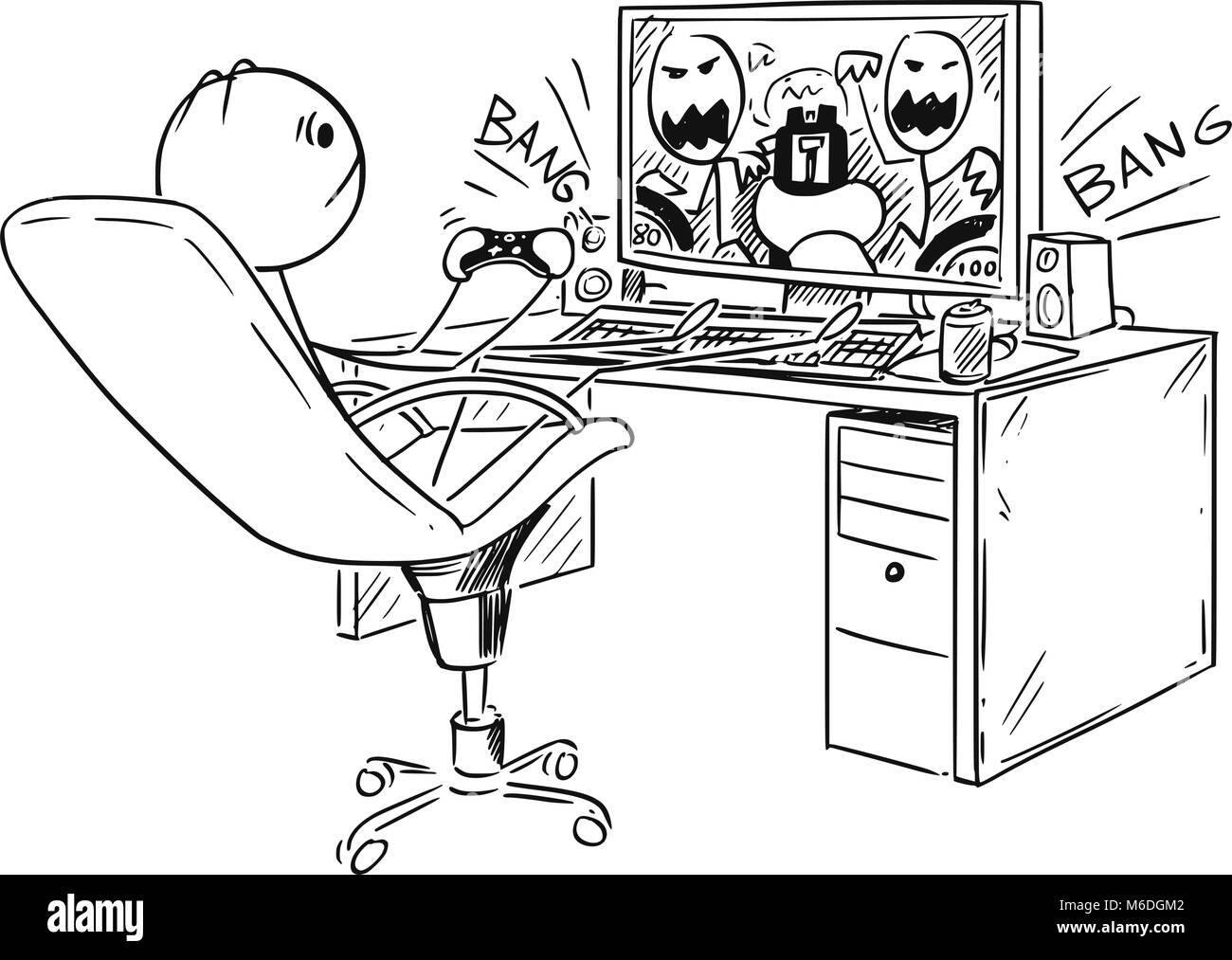 Cartoon of Man or Boy Playing Computer Game Stock Vector