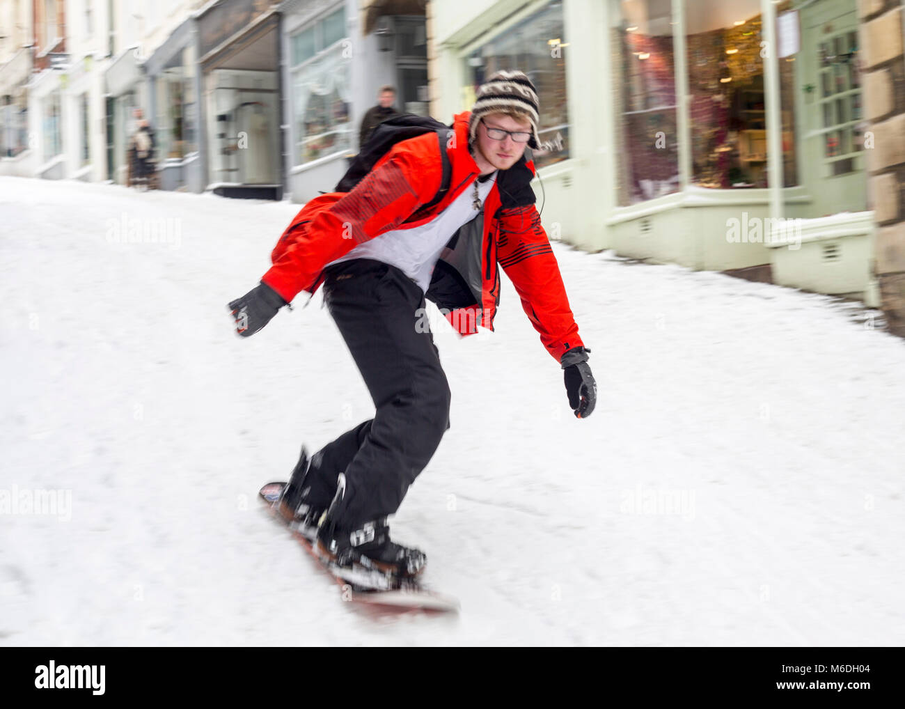 Snowboarding on Catherine Hill, Frome, Somerset, England, United
