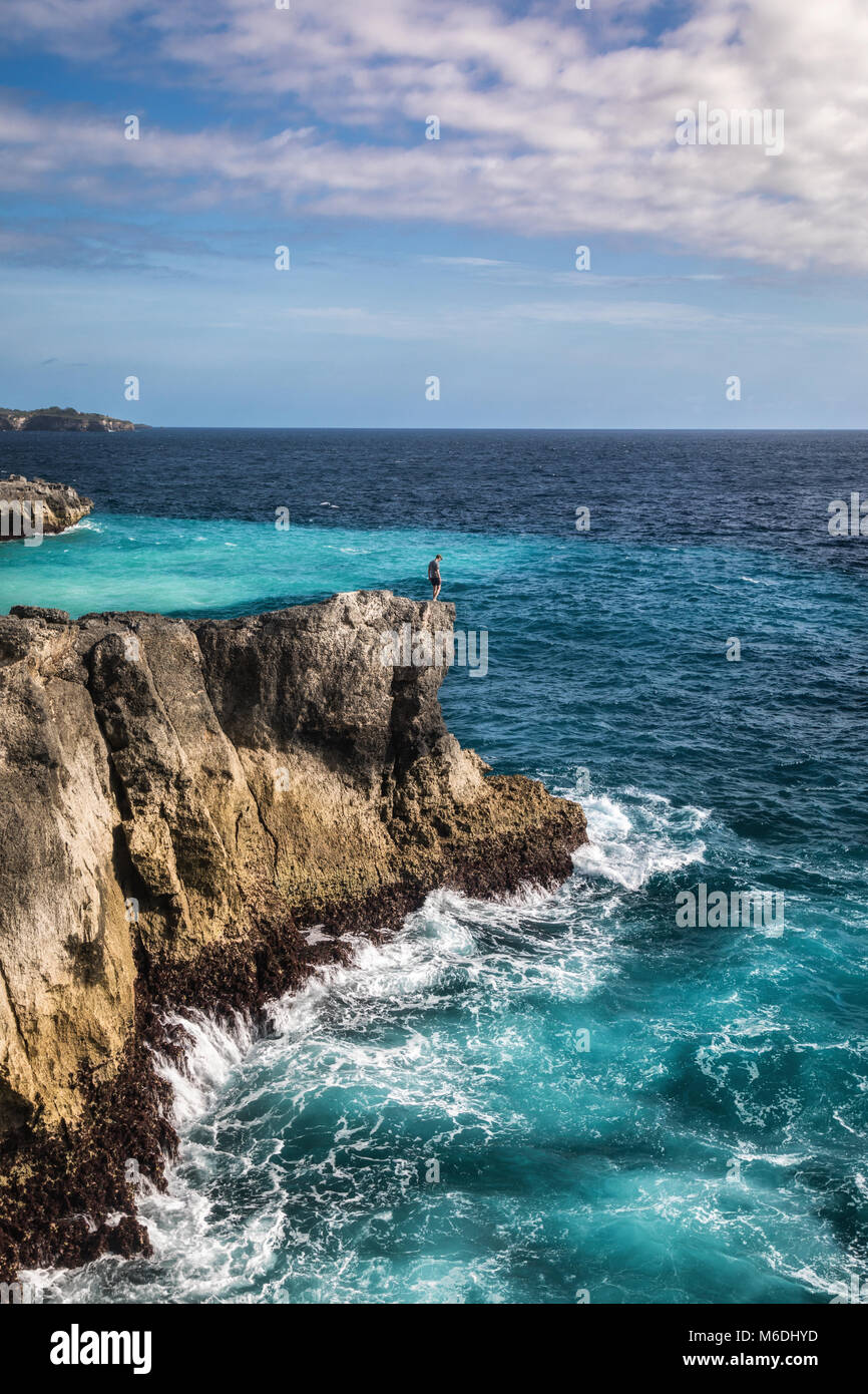 Standing tall at the edge of a hude cliff with heavy waves of ocean water hitting the bottom. Stock Photo