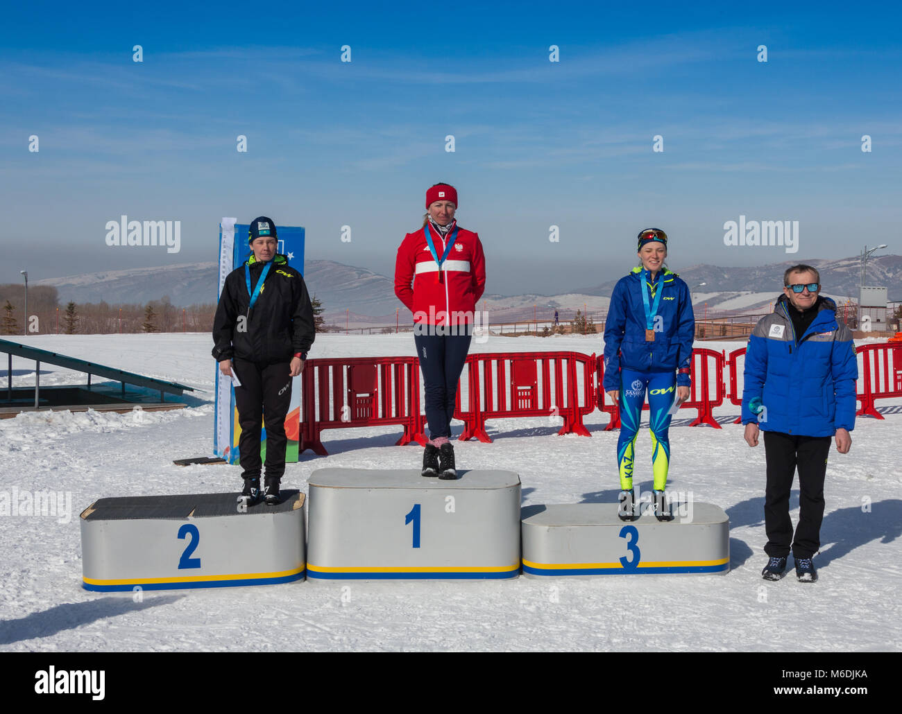 KAZAKHSTAN, ALMATY - FEBRUARY 25, 2018: Amateur cross-country skiing competitions of ARBA ski fest 2018. Participants from all over the republic compe Stock Photo