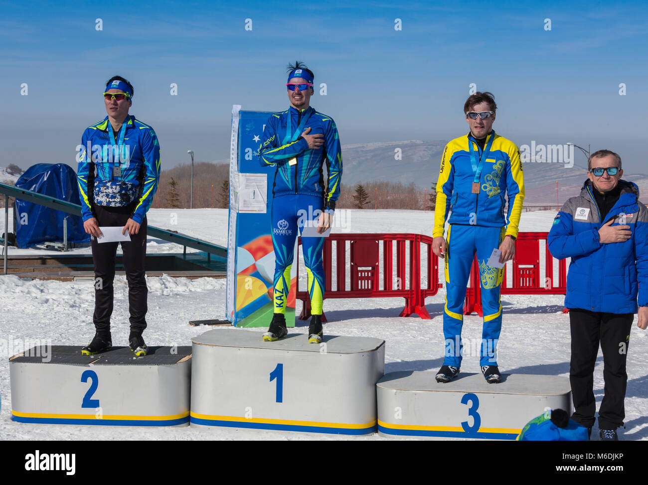 KAZAKHSTAN, ALMATY - FEBRUARY 25, 2018: Amateur cross-country skiing competitions of ARBA ski fest 2018. Participants from all over the republic compe Stock Photo