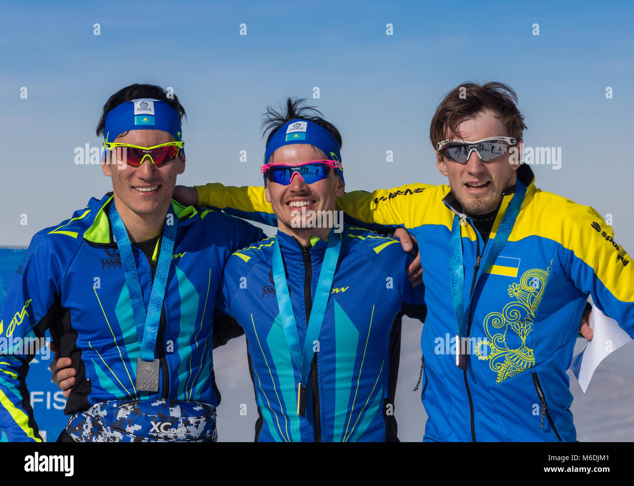 KAZAKHSTAN, ALMATY - FEBRUARY 25, 2018: Amateur cross-country skiing competitions of ARBA ski fest 2018. Participants from all over the republic compe Stock Photo