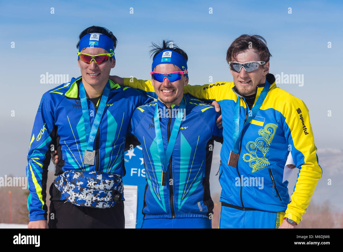 KAZAKHSTAN, ALMATY - FEBRUARY 25, 2018: Amateur cross-country skiing competitions of ARBA ski fest 2018. Participants from all over the republic compe Stock Photo