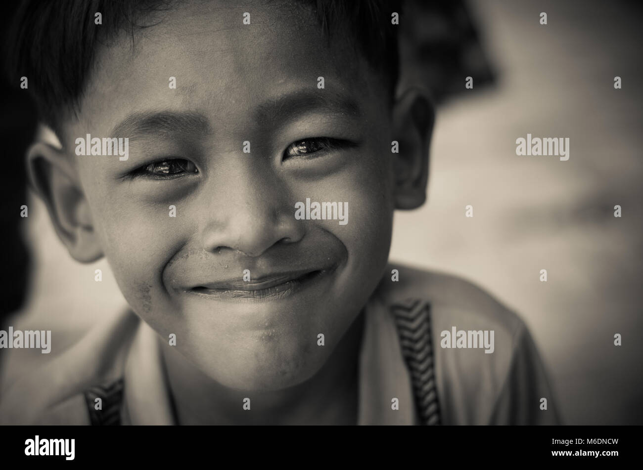 SIEM REAP, CAMBODIA - MAY 2 : Closeup face og Unidentified boy of Cambodian at kabal spean on May 2, 2015 in Siem Reap, Cambodia Stock Photo