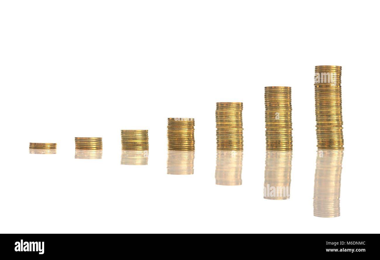 stacks of golden coins on white background Stock Photo - Alamy