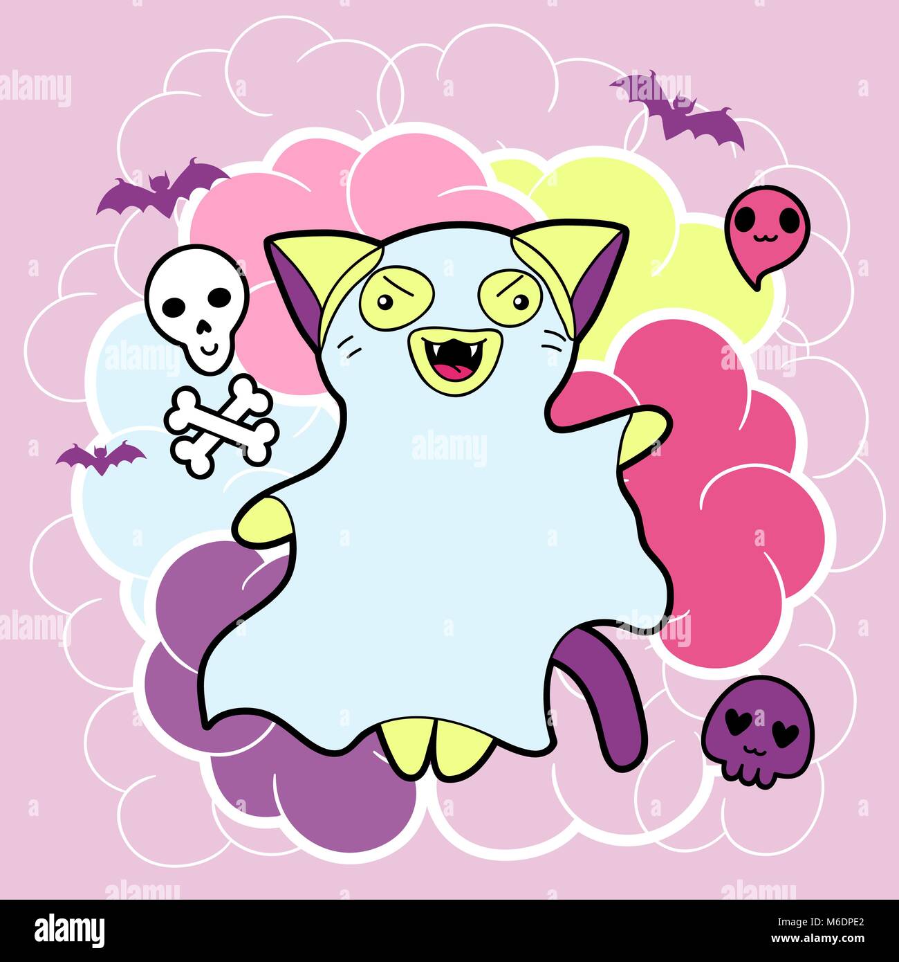 Vector kawaii illustration Halloween cat and creatures Stock Vector