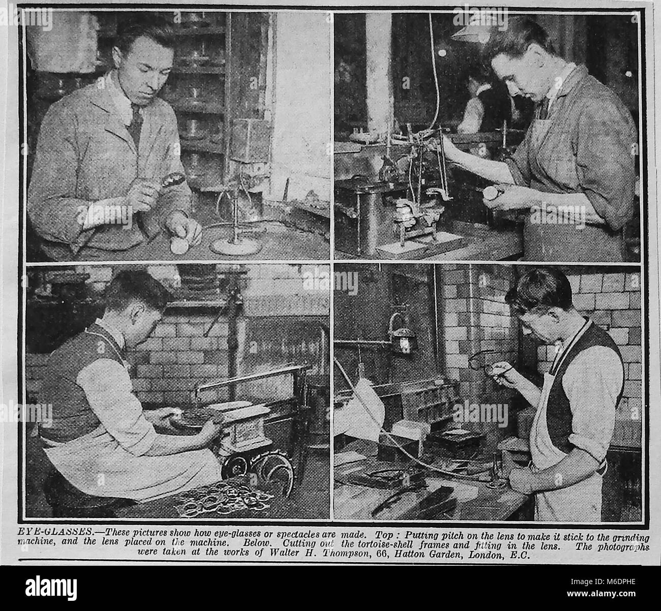 Making spectacles - An old printed photograph showing workers at the spectacle factory of W.A.Thompson, Hatton Garden, London at various stages of making eyeglasses with description Stock Photo