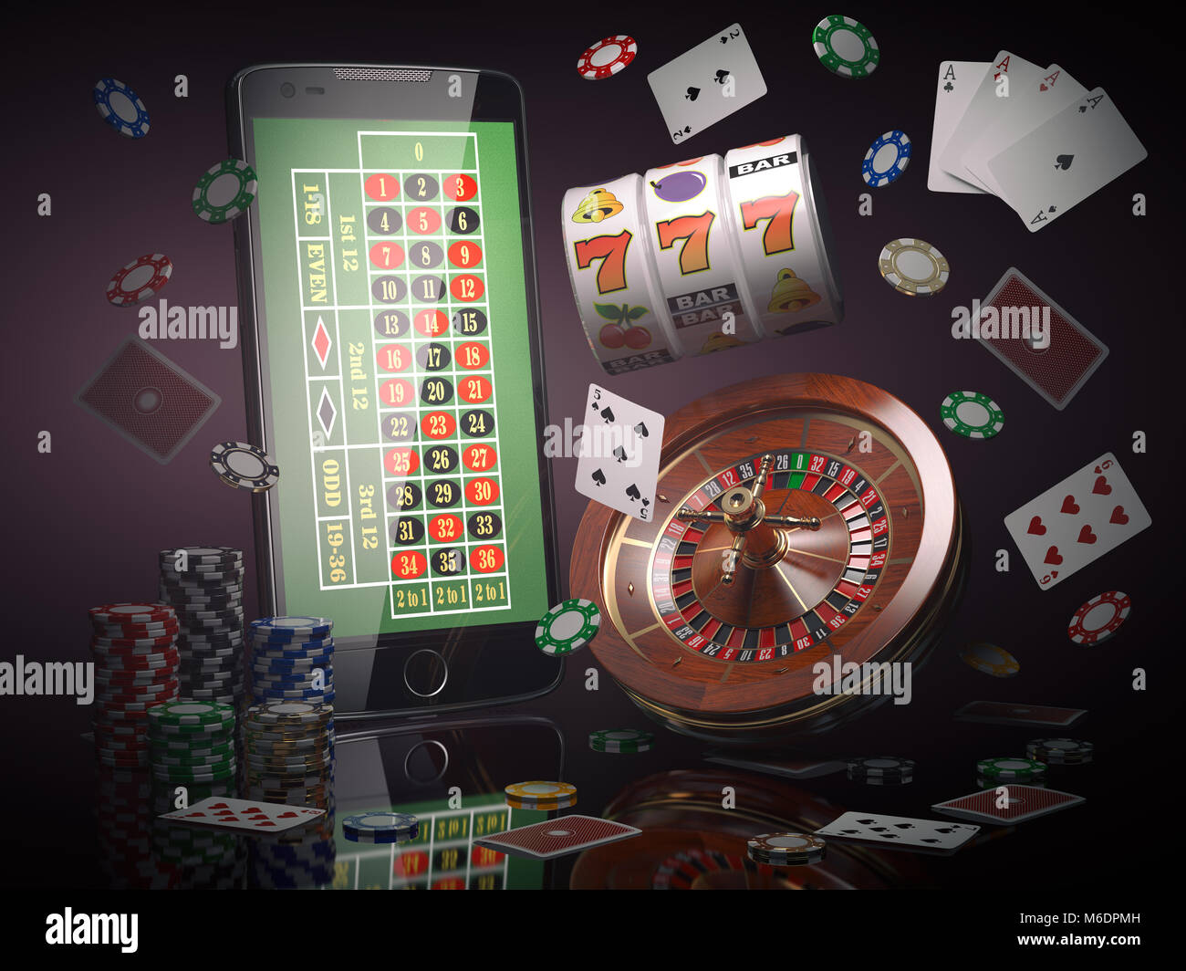 Online casino concept. Mobile phone, roulette with casino chips, slot  machine and cards. 3d illustration Stock Photo - Alamy