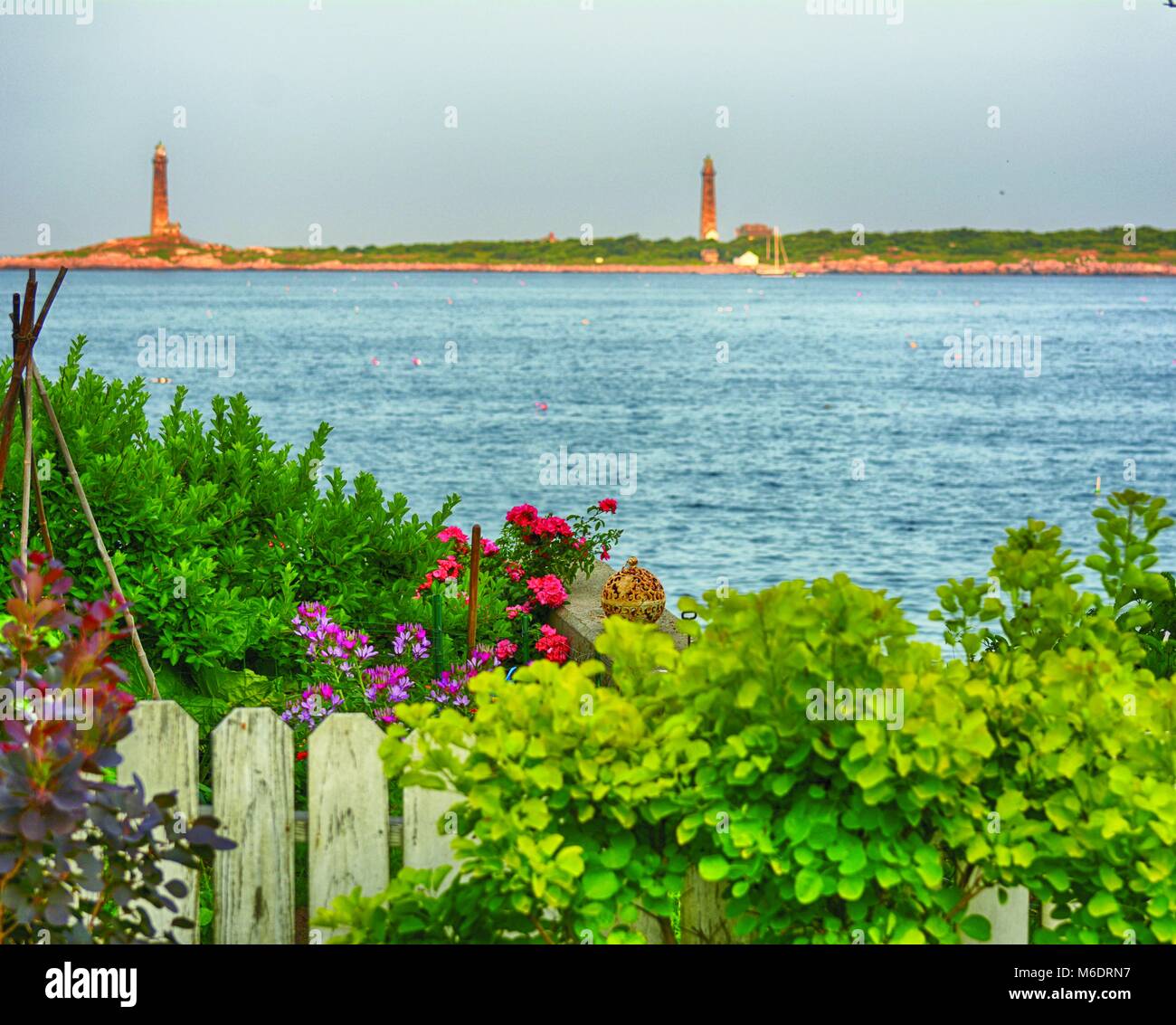 View of Thatcher Island that showoff the twin lighthouses. Stock Photo