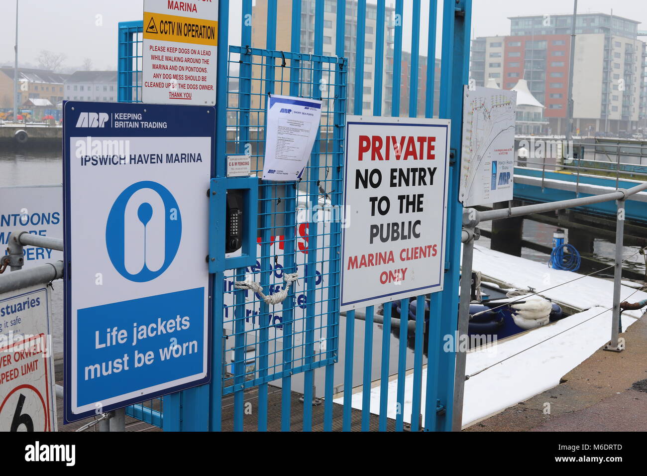 Warning notices, information signs and instructions in Ipswich marina Suffolk. Stock Photo