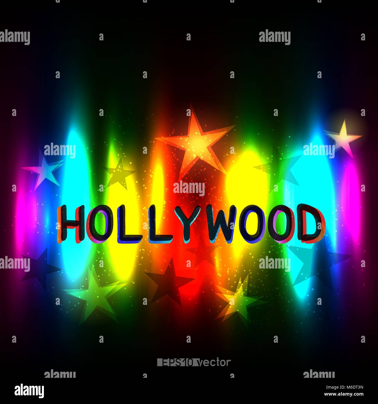 Hollywood Stars show way to glory success on rainbow background. Cinematography entertainment industry backdrop Stock Vector