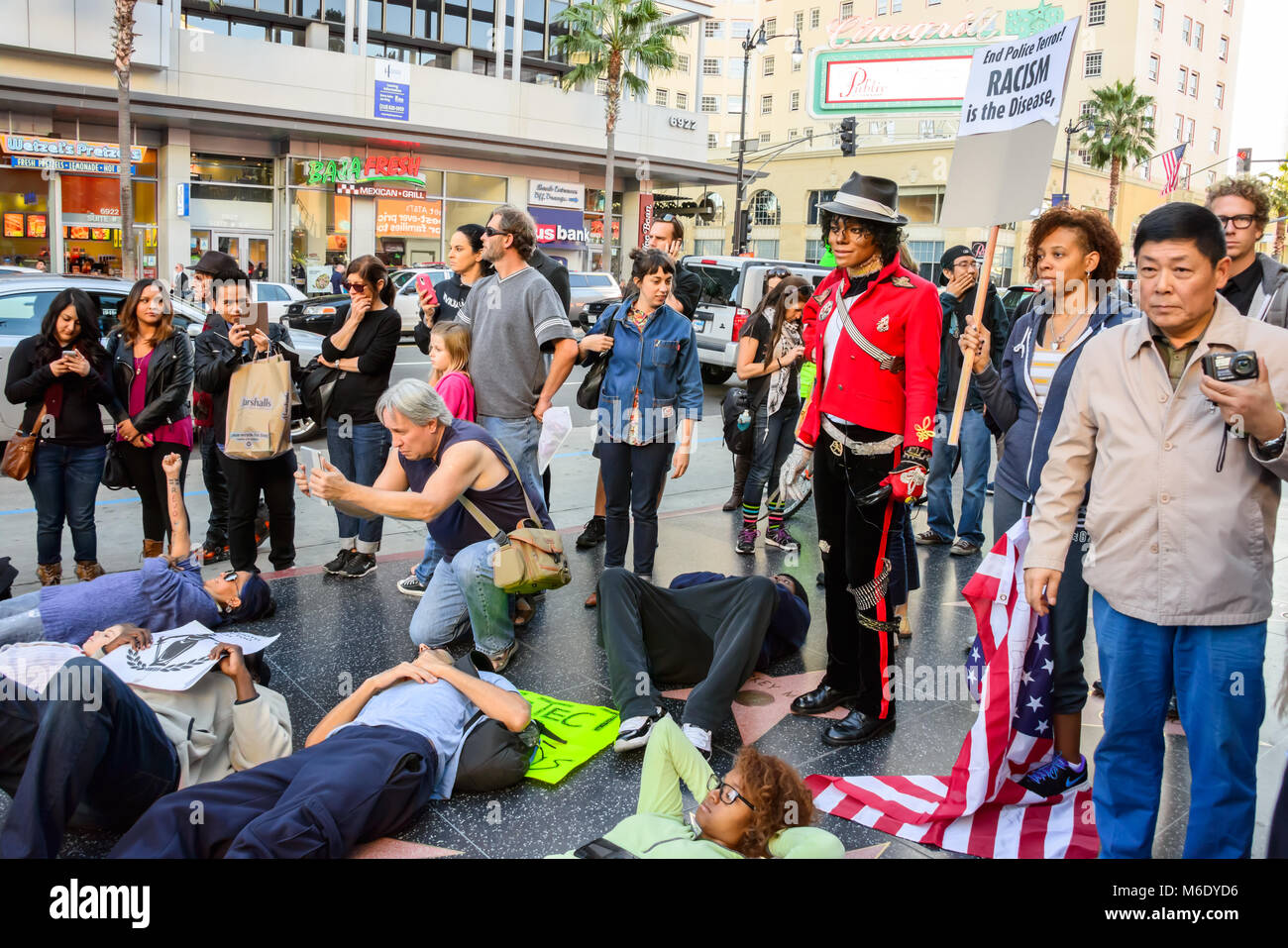 Protest Demonstration, Black Lives Matter, Hands Up Don't Shoot, Hollywood Walk of Fame, L.A., Califronia Stock Photo