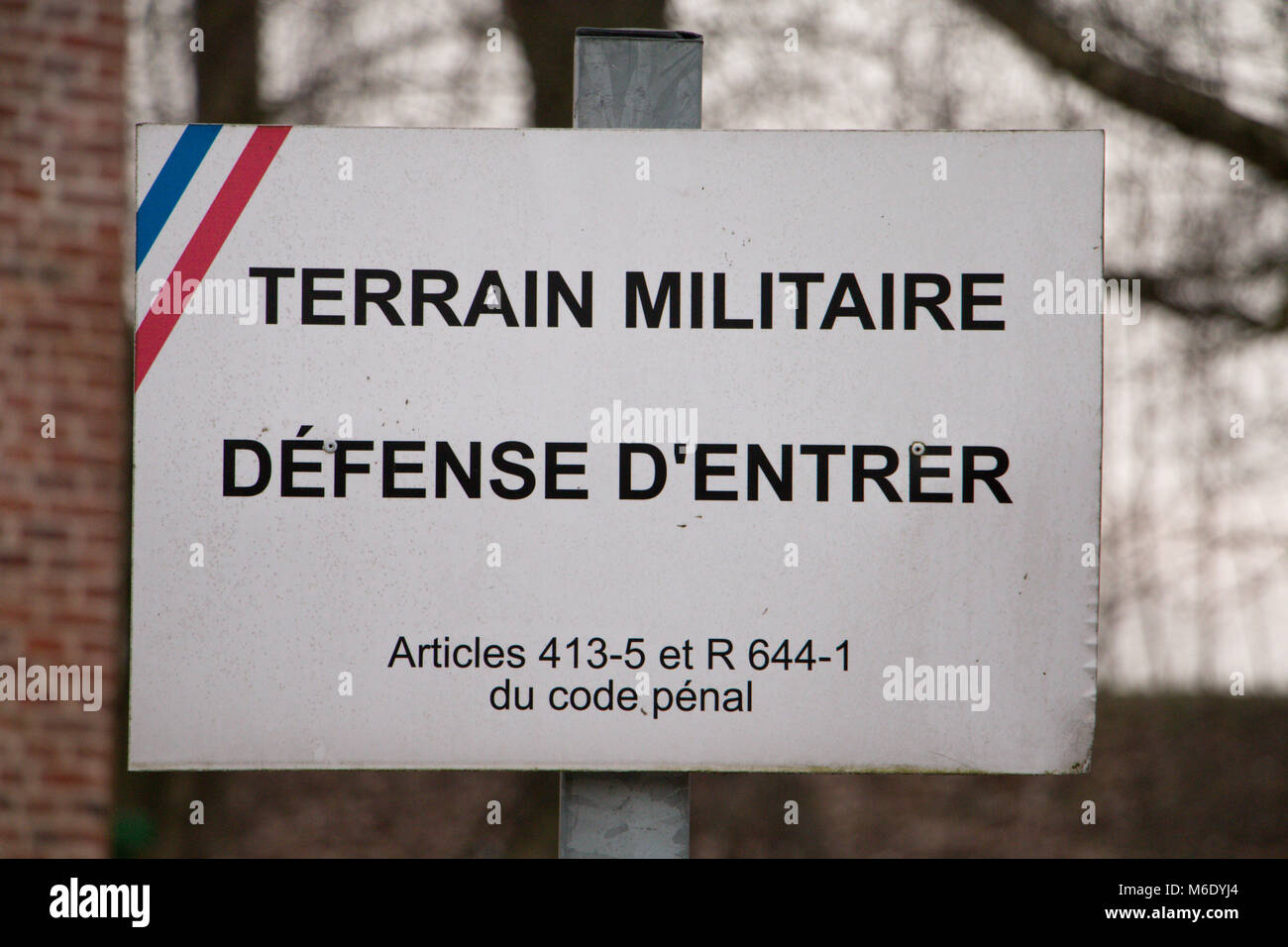Sign indicating a military restricted area at Lille's citadel, France Stock Photo
