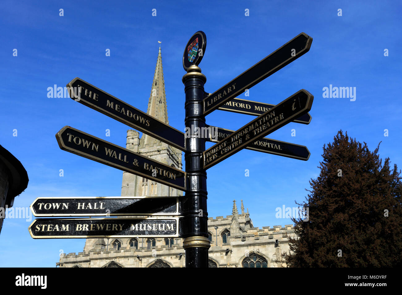 Tourist Information Sign, All Saints church, Red Lion Square, Georgian market town of Stamford, Lincolnshire County, England, UK Stock Photo