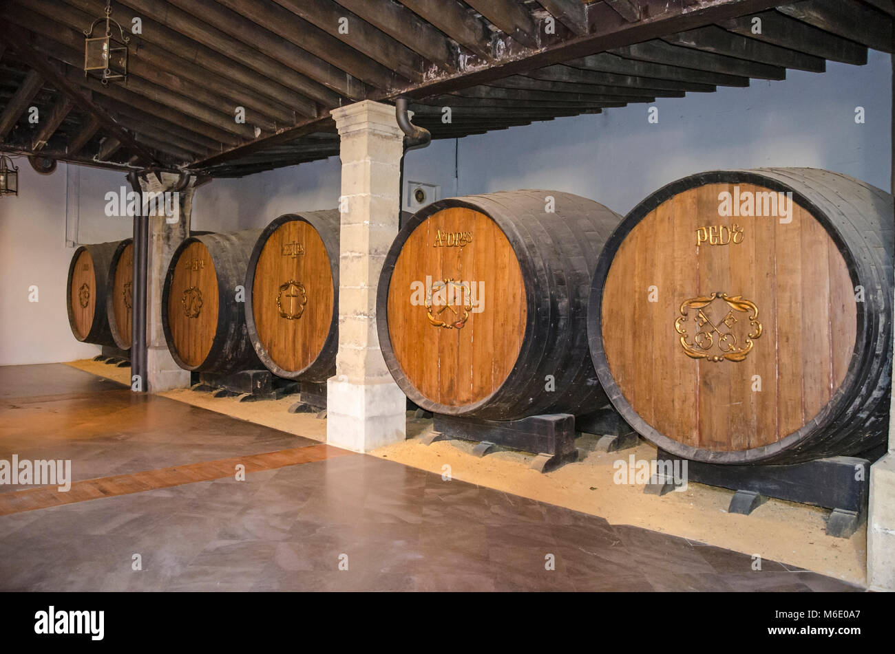 Jerez De La Frontera, Spain - May 26, 2015: Barrels with Sherry in Bodegas (winery) Tio Pepe in Jerez, known as the world capital of sherry wine. Stock Photo